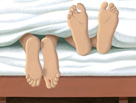 An illustration of two pairs of feet in bed