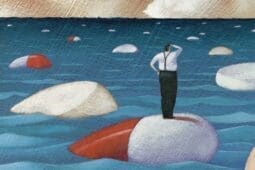 An illustration of a man standing on a floating pill at sea