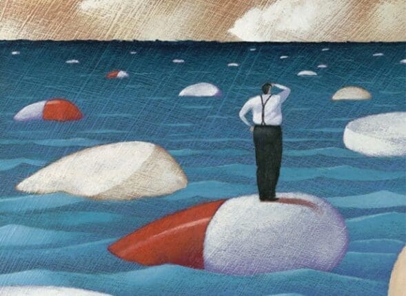 An illustration of a man standing on a floating pill at sea