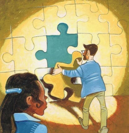 A woman watches as a man inserts the final piece of a large puzzle