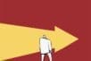 An illustration of a person standing on a brain looking at an arrow in the background