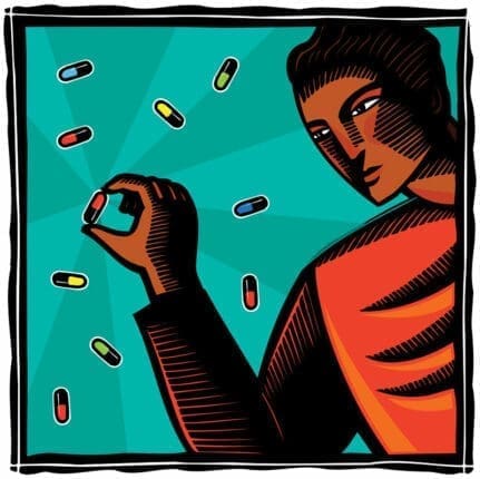 An illustration of a person holding a pill