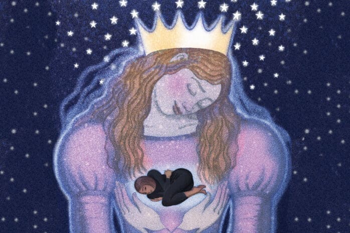 An illustration of a woman holding another person