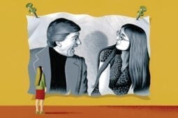 An illustration of a woman looking at a poster of a man and woman talking