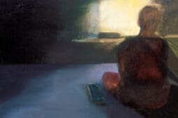 A painting of a person sitting on a bed