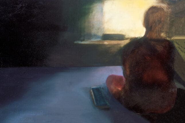 A painting of a person sitting on a bed