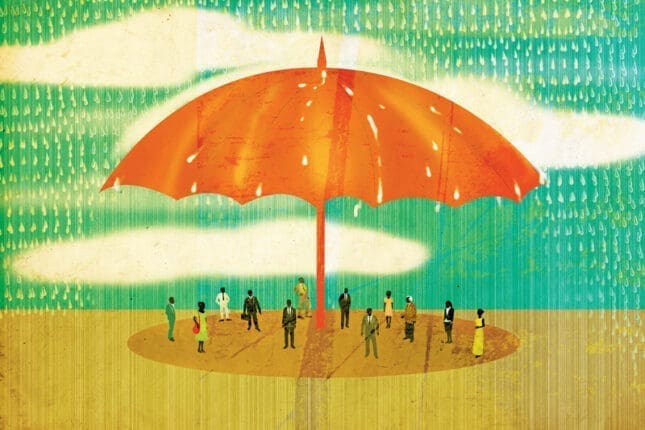 An illustration of a group of people gathered under a giant umbrella