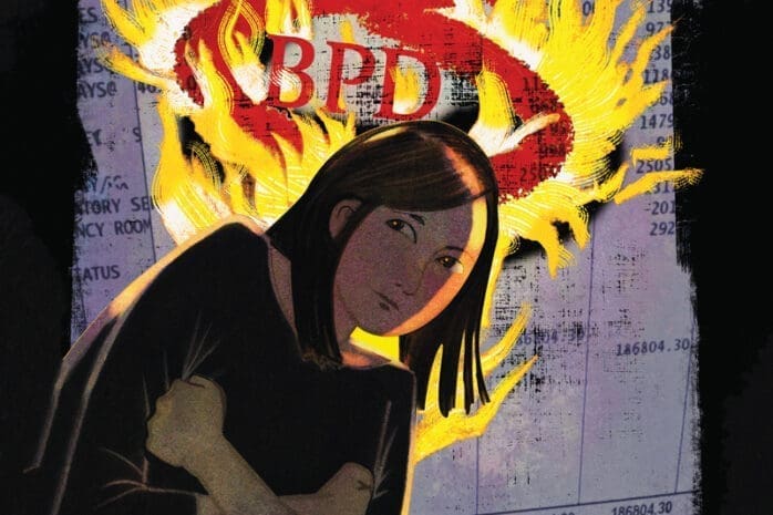 An illustration of a guarded woman with the letters "BPD" behind her