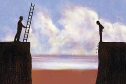 An illustration of two people on opposite sides of a chasm with one holding a ladder