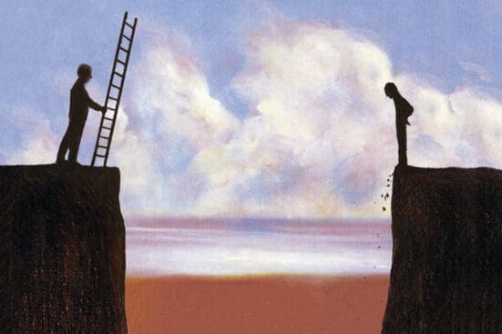 An illustration of two people on opposite sides of a chasm with one holding a ladder