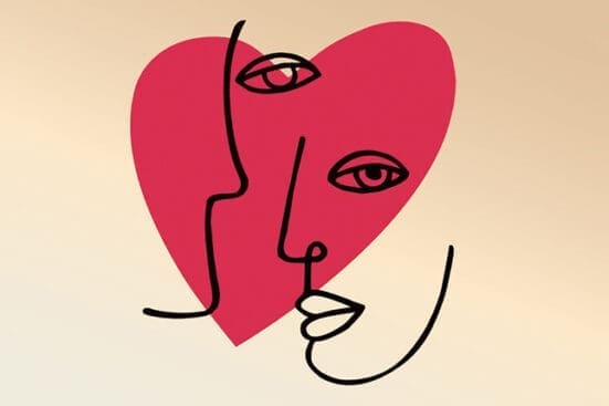 Illustration of two abstract faces and a heart by iStock/Kukurikov