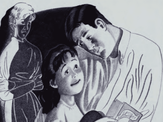 Illustration of child and parent with woman looking on