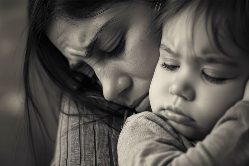 Mother and child embrace