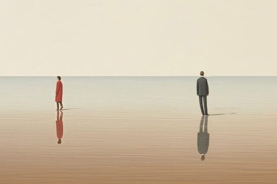 A woman and man at a distance facing opposite directions.