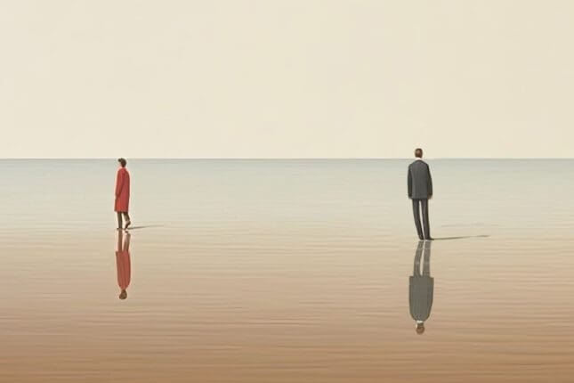 A woman and man at a distance facing opposite directions.