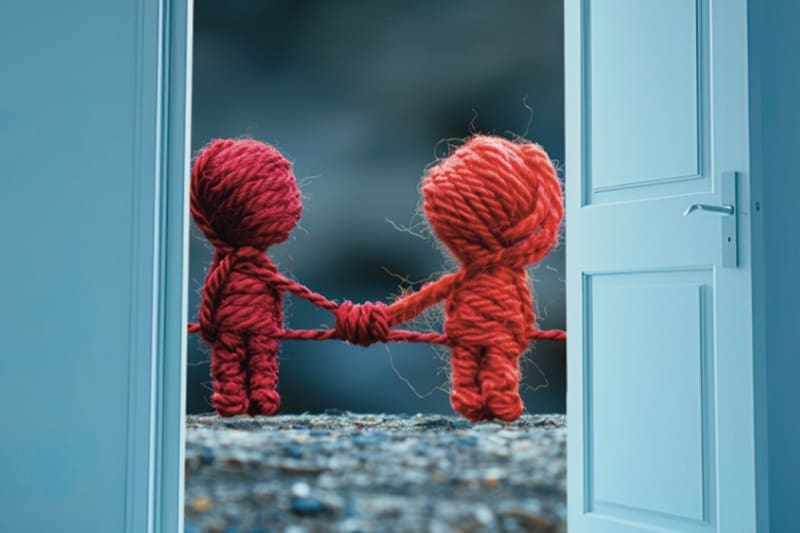 Behind a door, two figures made of yarn face each other with a tangle of yarn between them