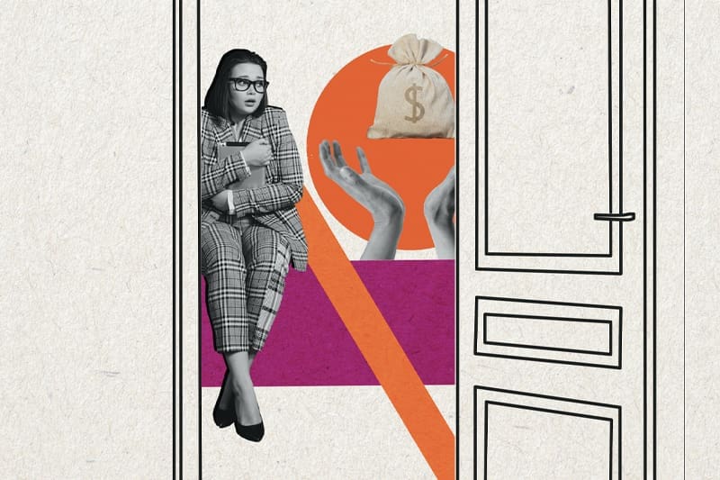 On the other side of an open door, a scared woman in a suit looks at outstretched hands reaching for a bag of money