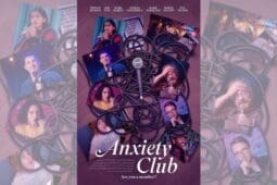 Promotional image for The Anxiety Club featuring comedians and microphones