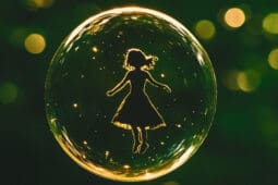 A glowing bubble containing the outline of a floating girl in a dress