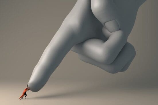 Illustration of an enormous hand pointing downward and nearly crushing two figure under its finger, as the two figures try to push it back
