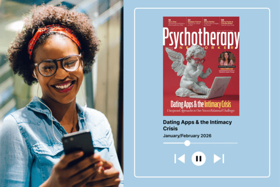 A woman wearing headphones smiles next to an image of the magazine cover with a play button beneath