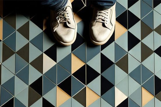 A pair of sneakers on a colorful, geometrically tiled floor