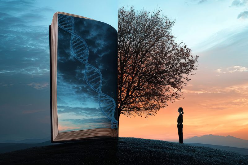 A woman stands in front of a split image of half of a tree and half of a book with a strand of DNA across it