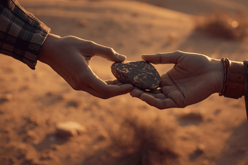 Image of a rock being handed from one person to another