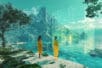 An image of a figure in yellow, and a copy of that figure, standing side by side and staring at a beach landscape