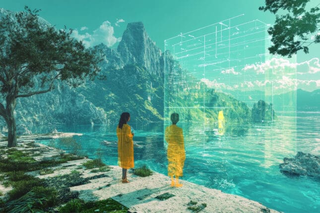 An image of a figure in yellow, and a copy of that figure, standing side by side and staring at a beach landscape