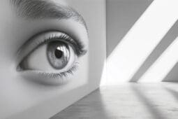 An image of an enormous eye painted across the surface of one wall in an empty room