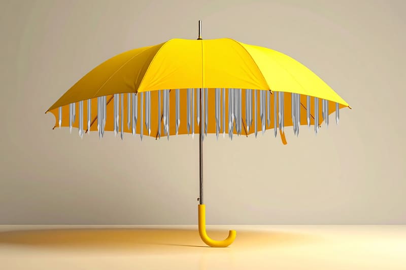An open yellow umbrella shows an underside of sharp nails