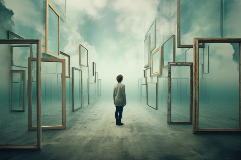 A figure stares upward at many mirrors floating above as they reflect fog